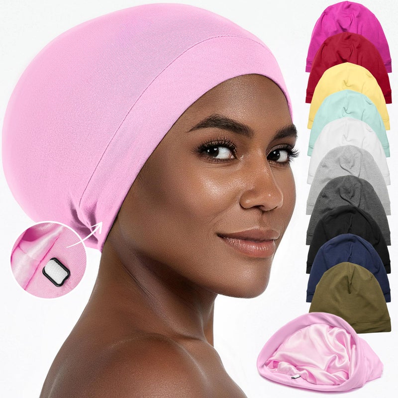CAPLORD Silk Satin Bonnet Cap for Sleeping Hair Cover Sleep Beanie Hat Adjustable Headwear Men and Women Curly Hair Light Pink - Image 2